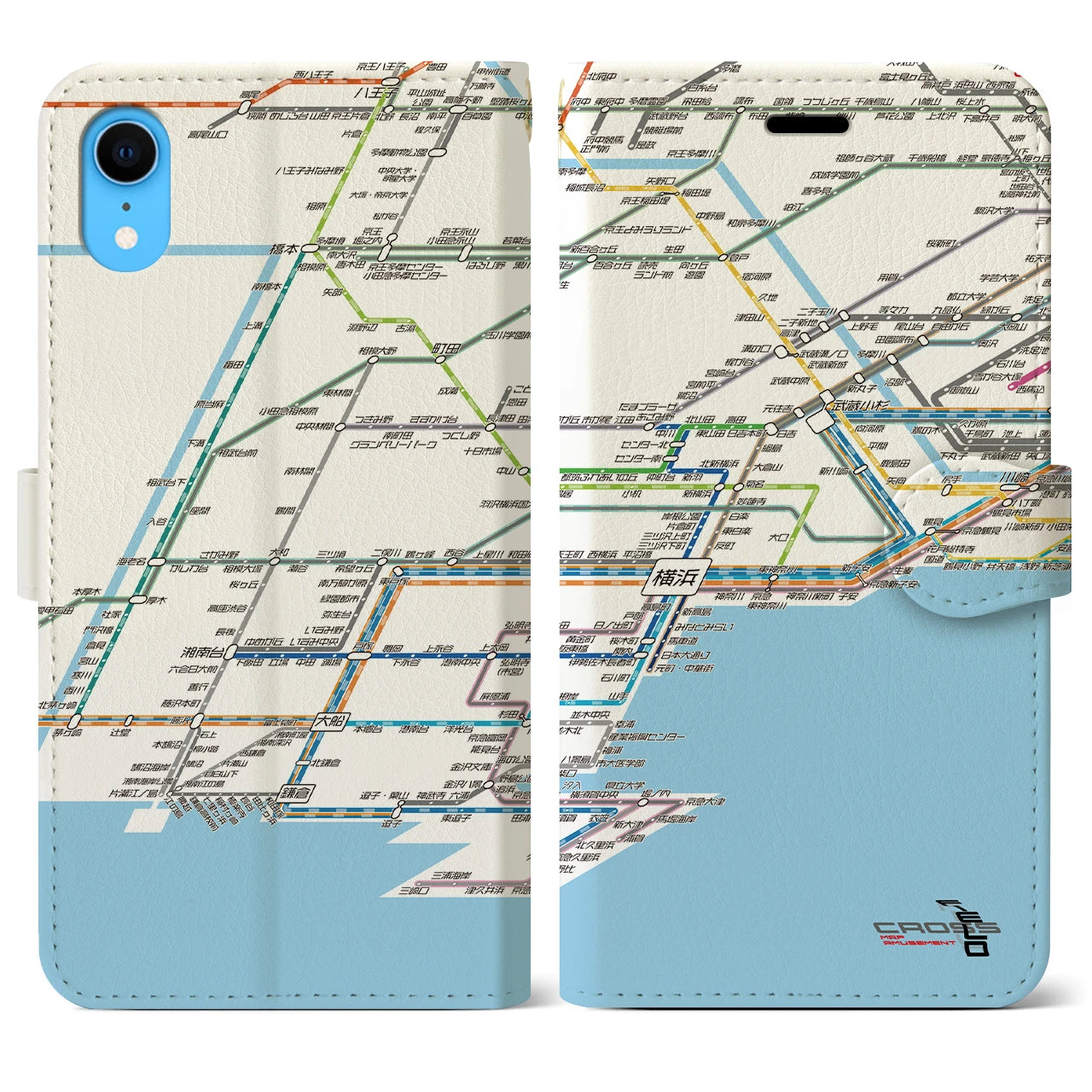 【横浜路線図】地図柄iPhoneケース（手帳両面タイプ・ホワイト）iPhone XR 用