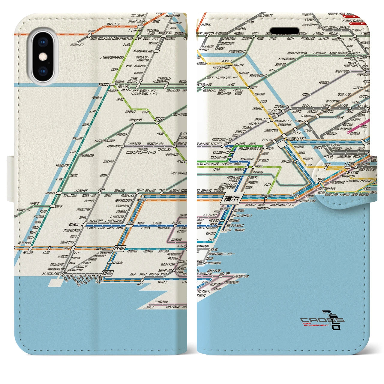 【横浜路線図】地図柄iPhoneケース（手帳両面タイプ・ホワイト）iPhone XS Max 用