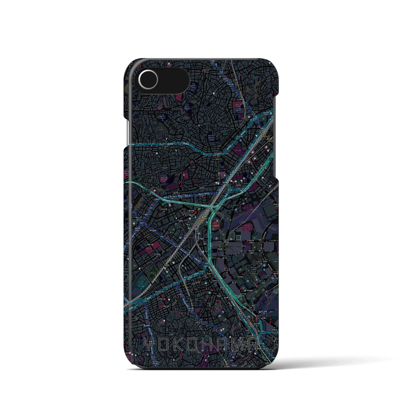 【横浜2】地図柄iPhoneケース（バックカバータイプ・ブラック）iPhone SE（第3 / 第2世代） / 8 / 7 / 6s / 6 用