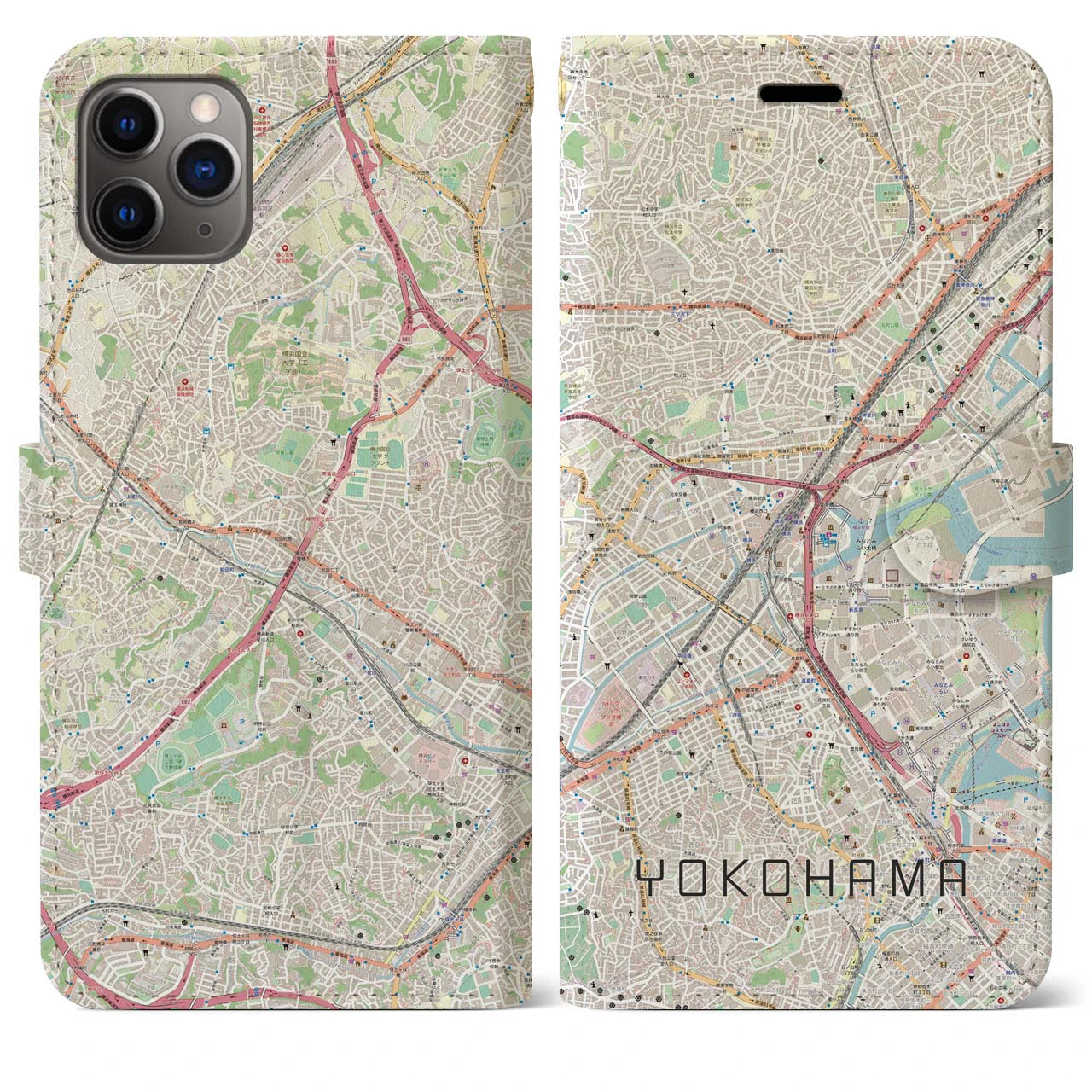 【横浜2】地図柄iPhoneケース（手帳両面タイプ・ナチュラル）iPhone 11 Pro Max 用