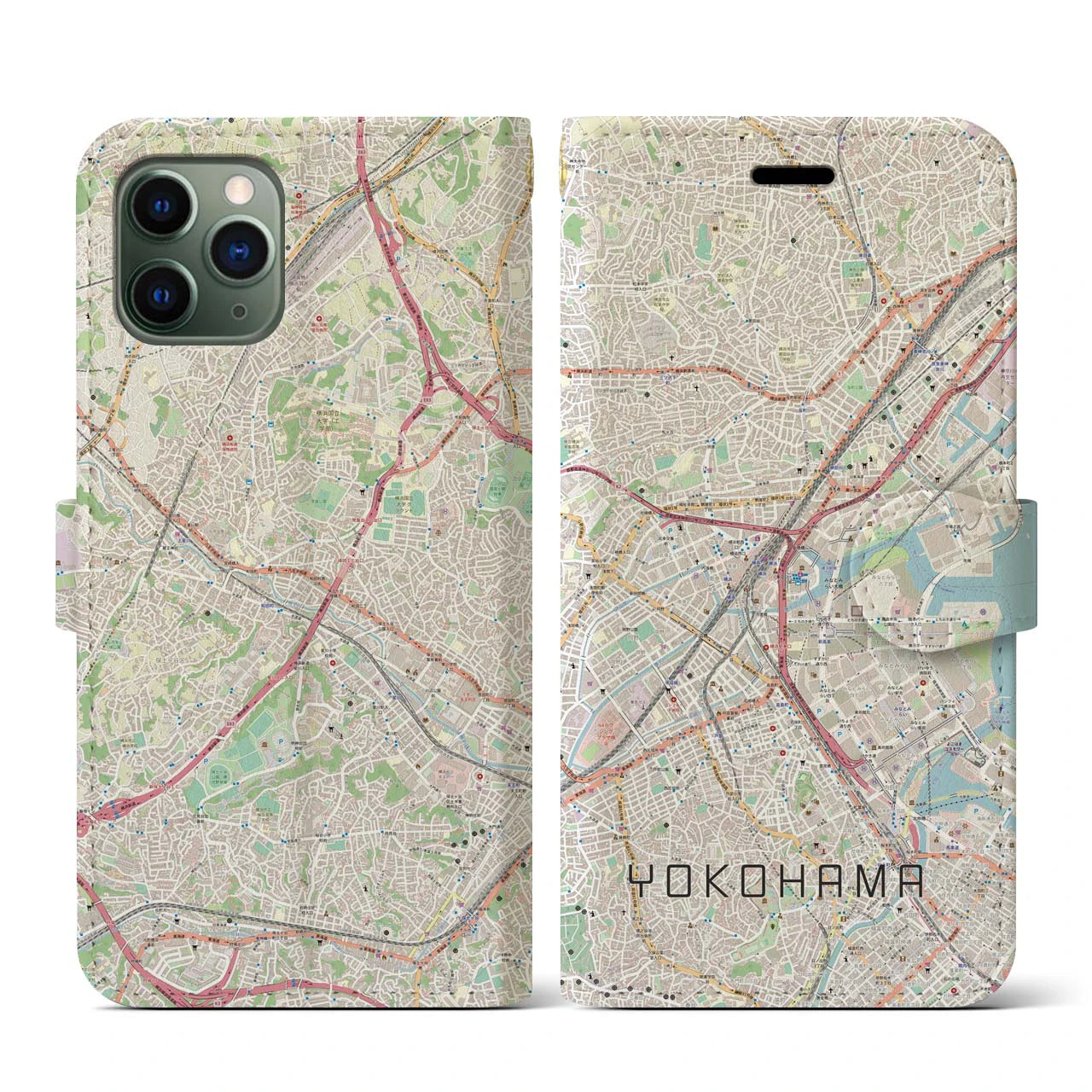 【横浜2】地図柄iPhoneケース（手帳両面タイプ・ナチュラル）iPhone 11 Pro 用