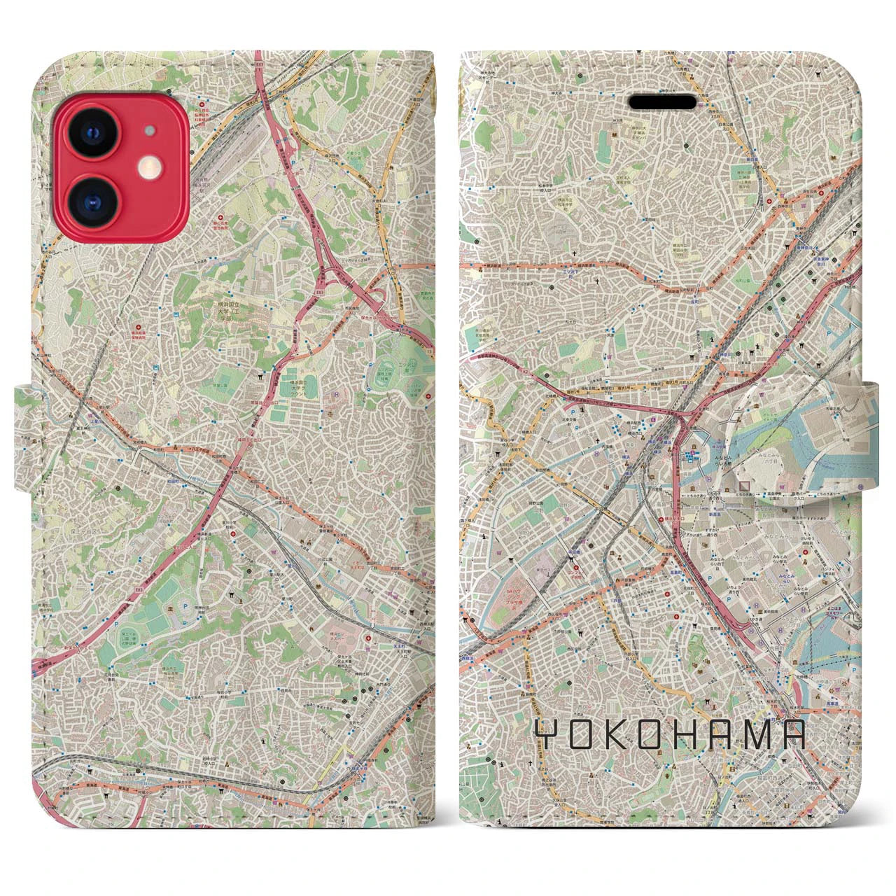 【横浜2】地図柄iPhoneケース（手帳両面タイプ・ナチュラル）iPhone 11 用