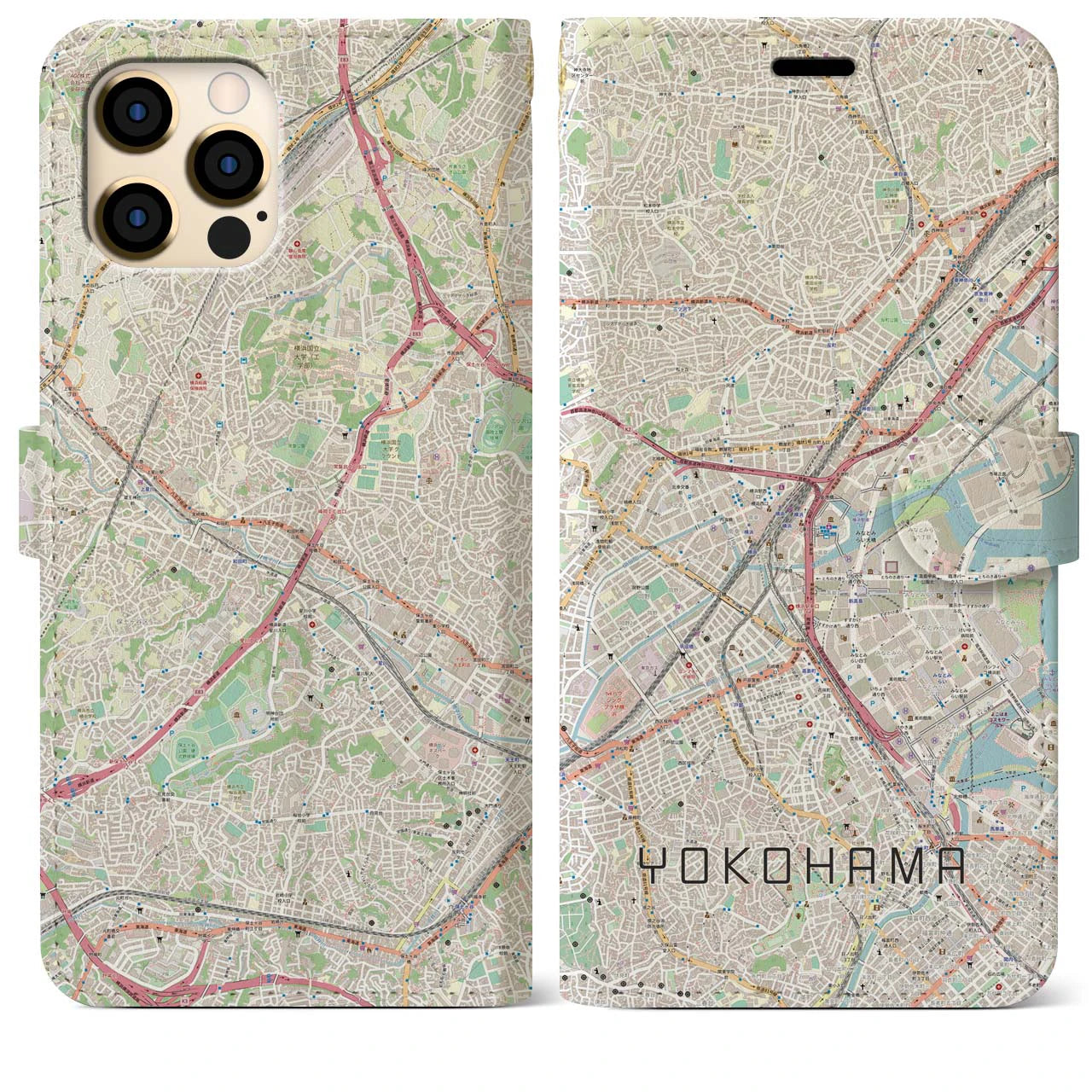 【横浜2】地図柄iPhoneケース（手帳両面タイプ・ナチュラル）iPhone 12 Pro Max 用