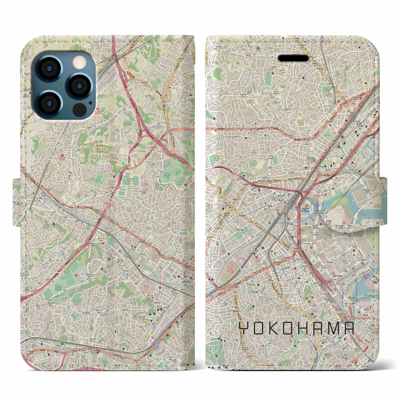 【横浜2】地図柄iPhoneケース（手帳両面タイプ・ナチュラル）iPhone 12 / 12 Pro 用