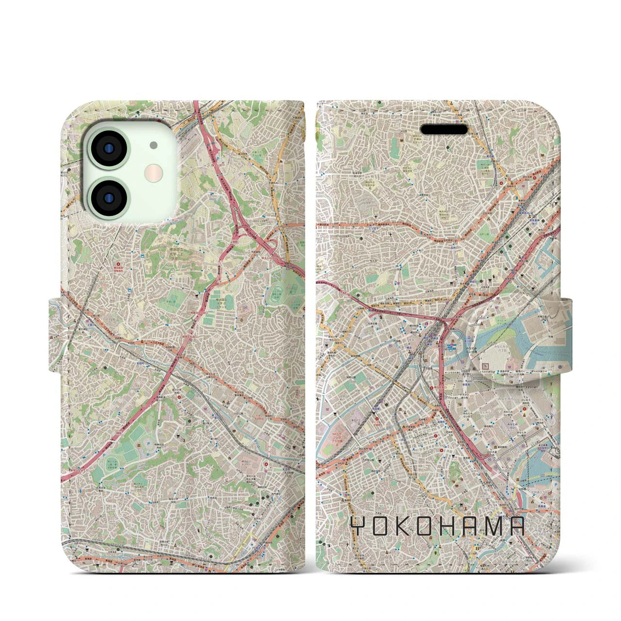 【横浜2】地図柄iPhoneケース（手帳両面タイプ・ナチュラル）iPhone 12 mini 用