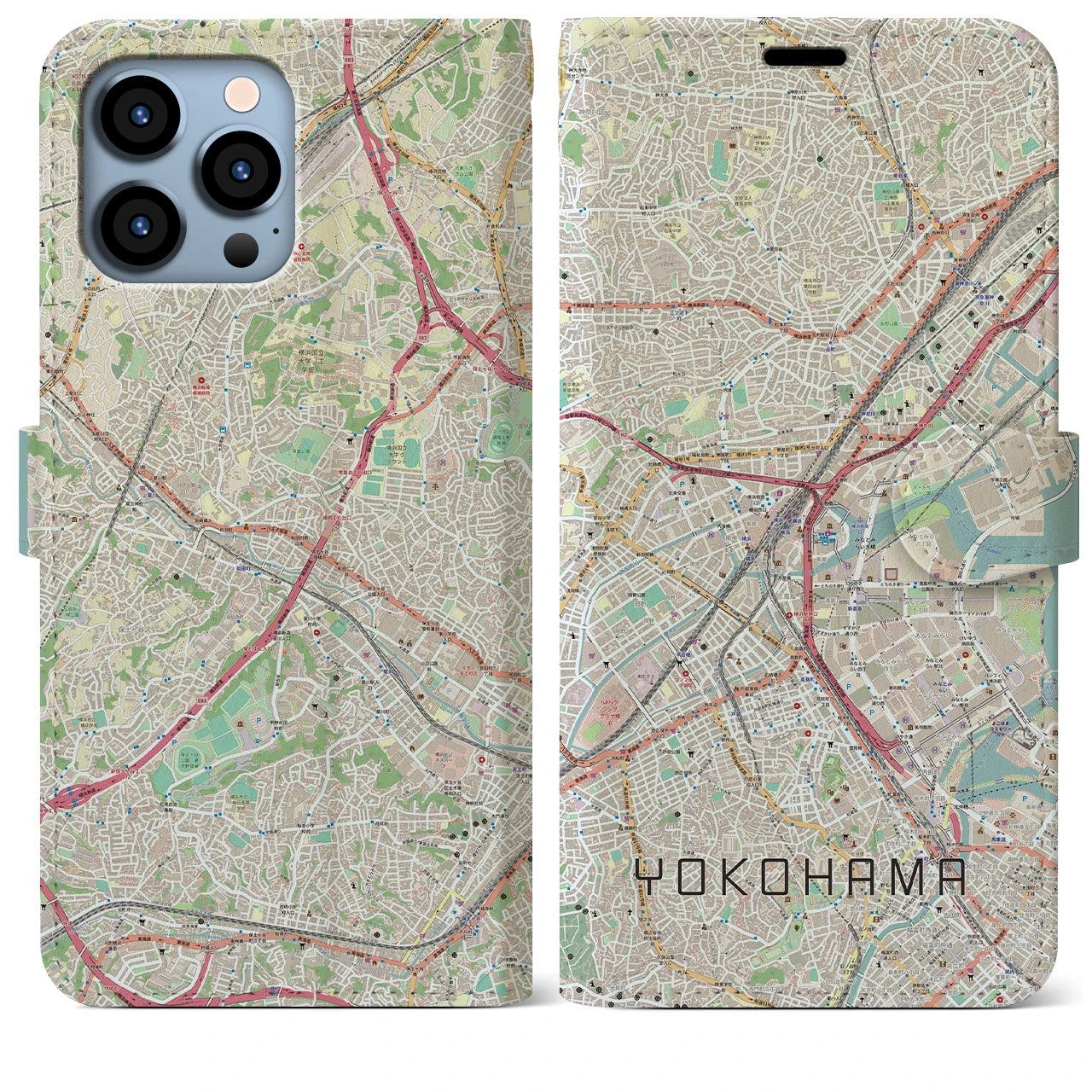 【横浜2】地図柄iPhoneケース（手帳両面タイプ・ナチュラル）iPhone 13 Pro Max 用