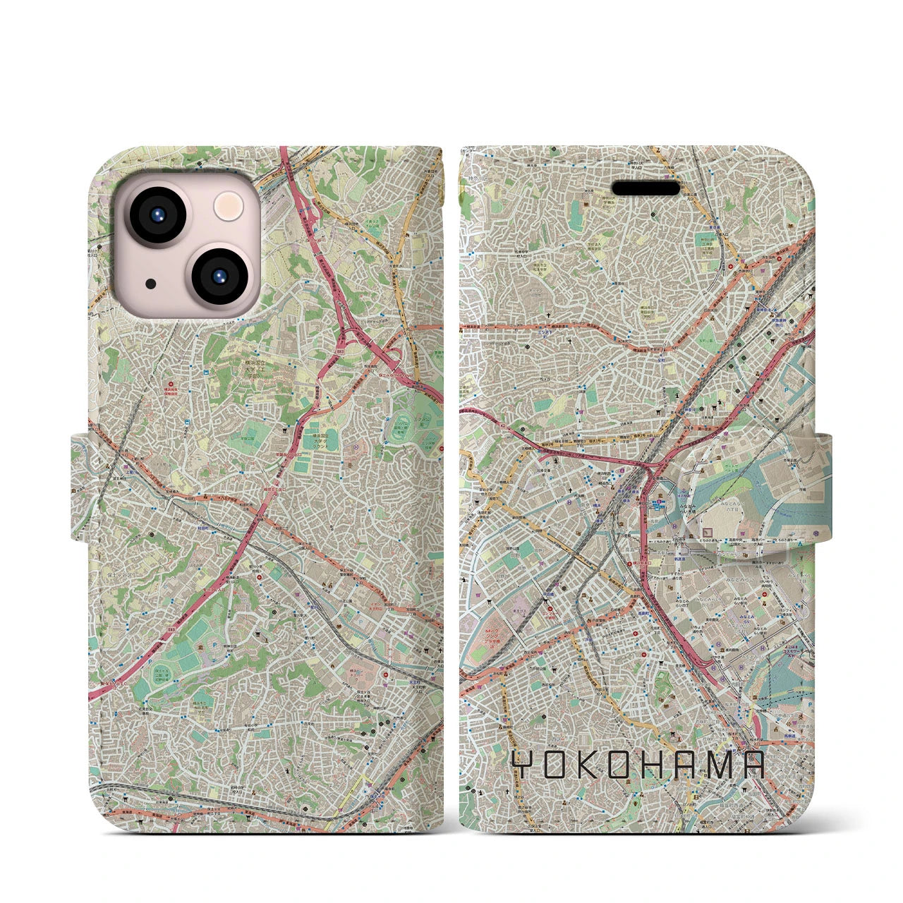 【横浜2】地図柄iPhoneケース（手帳両面タイプ・ナチュラル）iPhone 13 mini 用