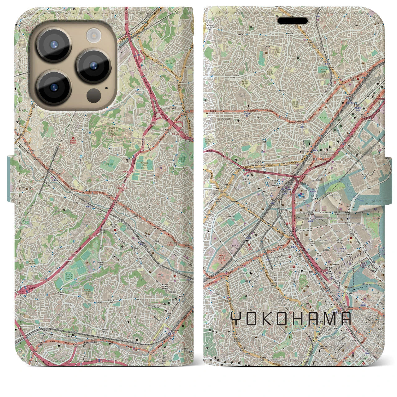【横浜2】地図柄iPhoneケース（手帳両面タイプ・ナチュラル）iPhone 14 Pro Max 用