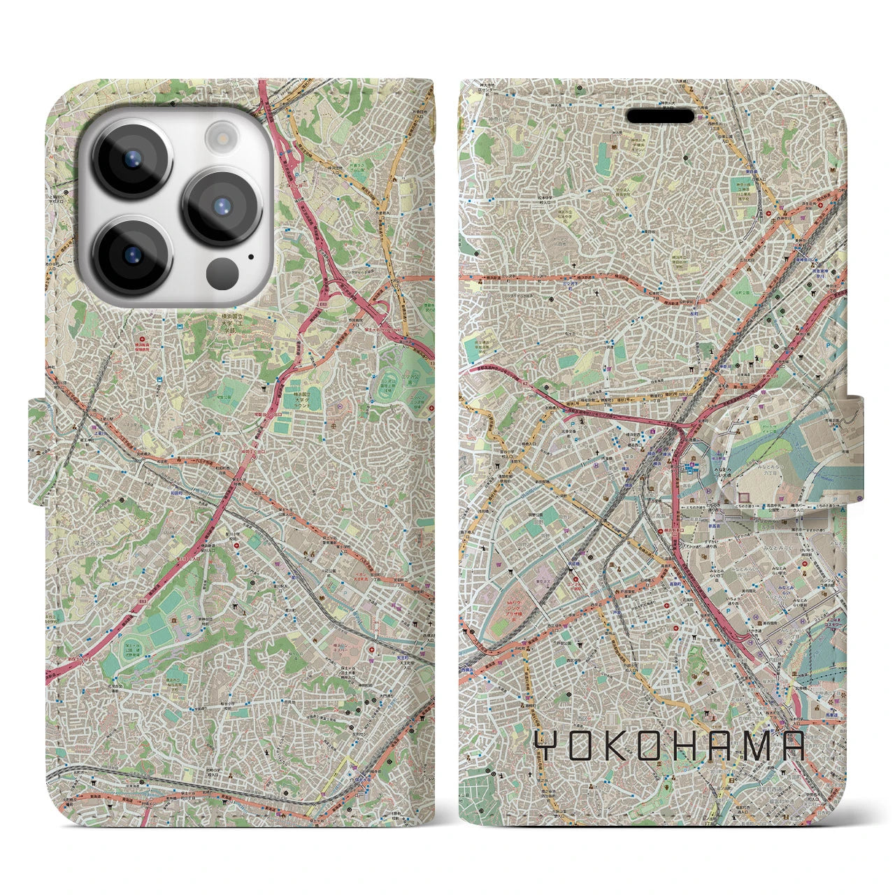 【横浜2】地図柄iPhoneケース（手帳両面タイプ・ナチュラル）iPhone 14 Pro 用