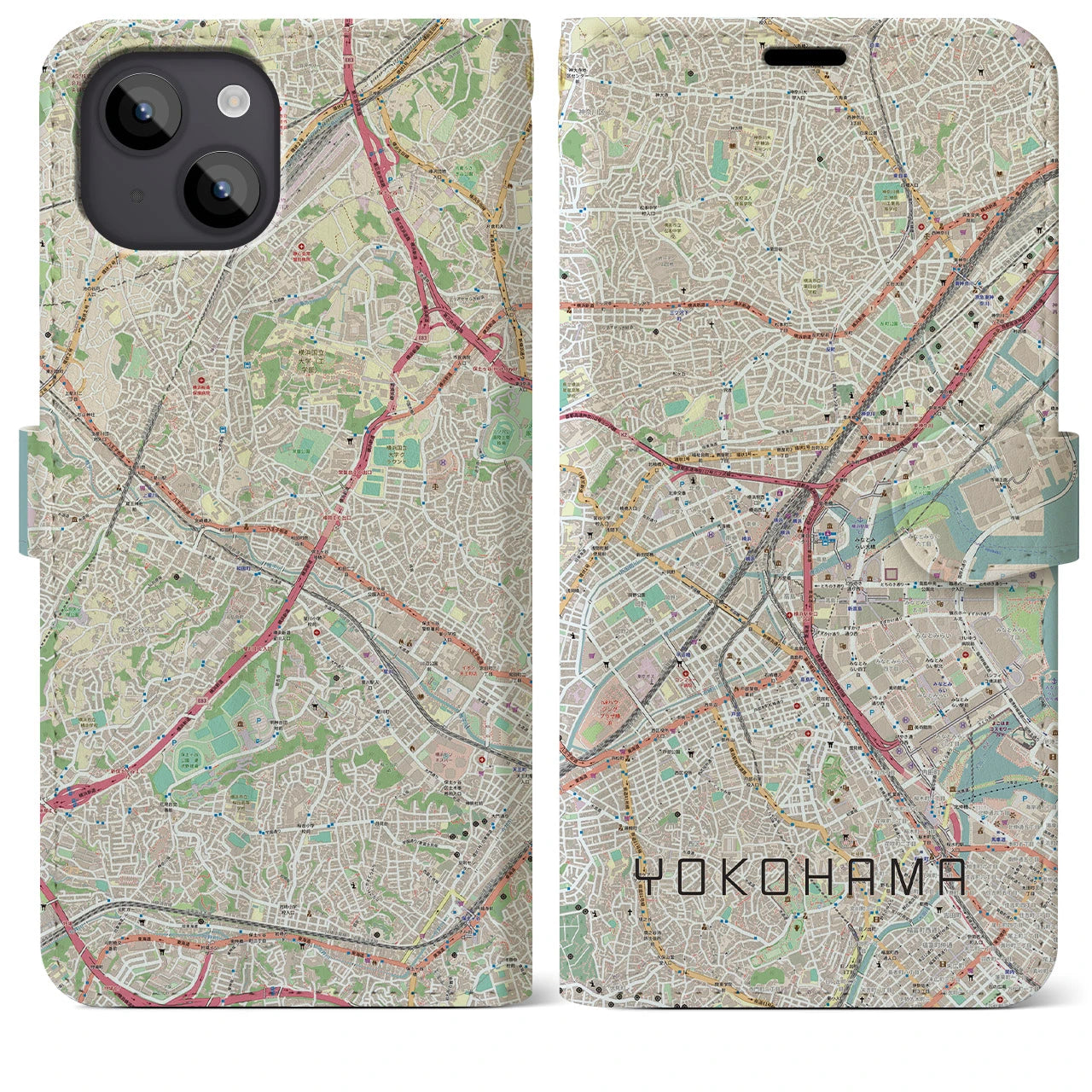 【横浜2】地図柄iPhoneケース（手帳両面タイプ・ナチュラル）iPhone 14 Plus 用