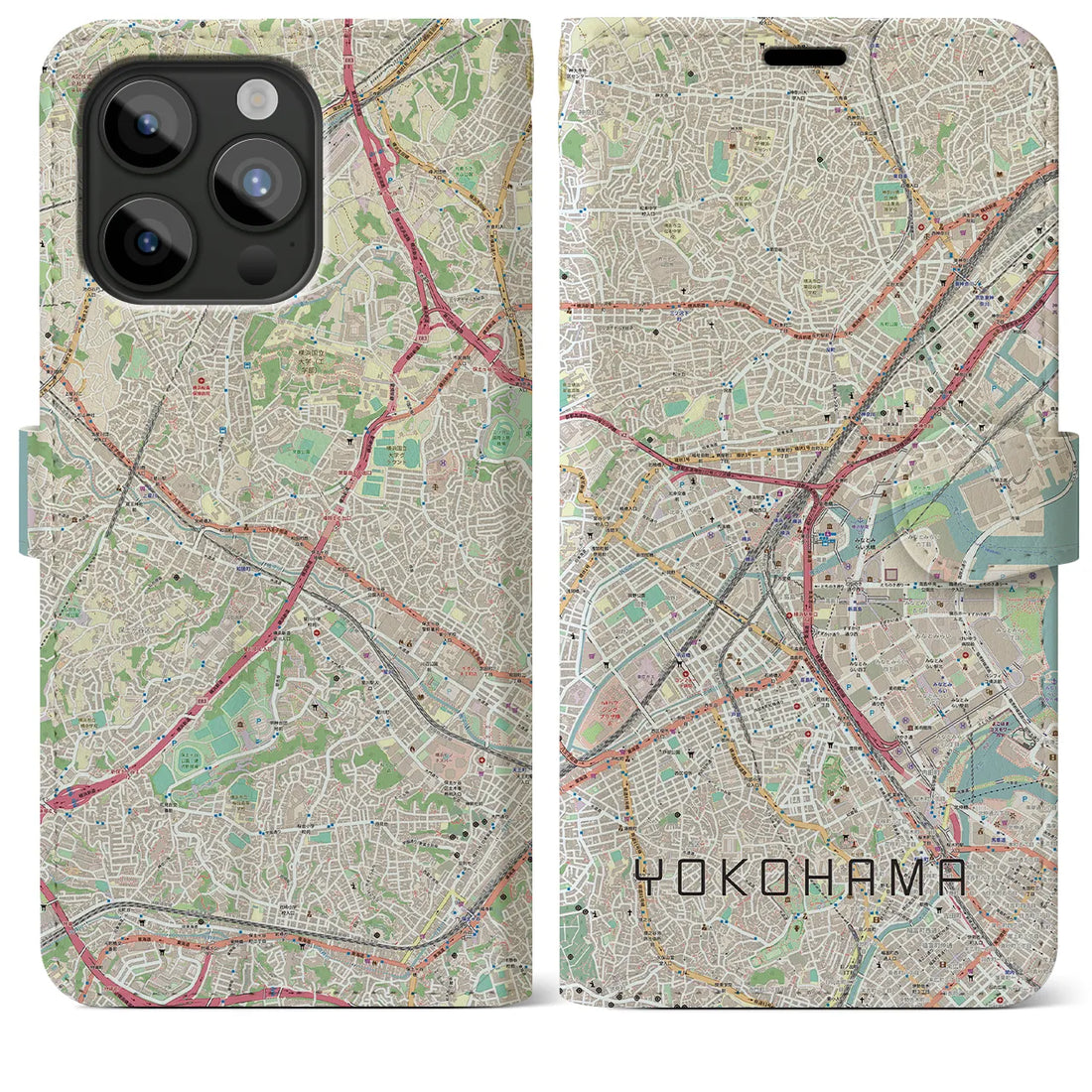 【横浜2】地図柄iPhoneケース（手帳両面タイプ・ナチュラル）iPhone 15 Pro Max 用