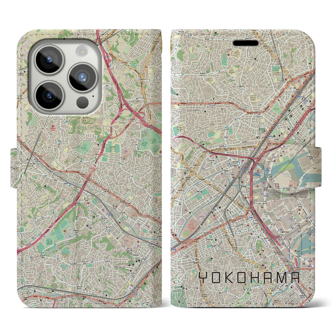 【横浜2】地図柄iPhoneケース（手帳両面タイプ・ナチュラル）iPhone 15 Pro 用