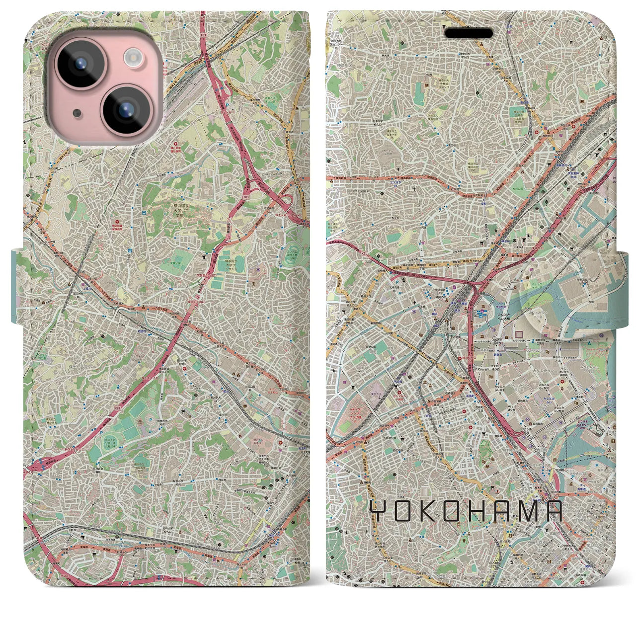 【横浜2】地図柄iPhoneケース（手帳両面タイプ・ナチュラル）iPhone 15 Plus 用