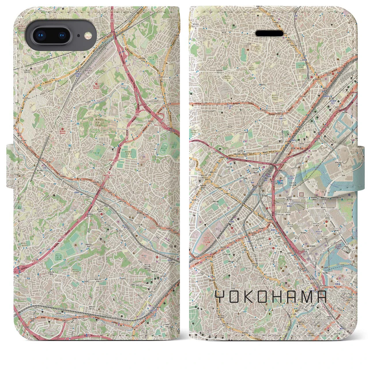 【横浜2】地図柄iPhoneケース（手帳両面タイプ・ナチュラル）iPhone 8Plus /7Plus / 6sPlus / 6Plus 用