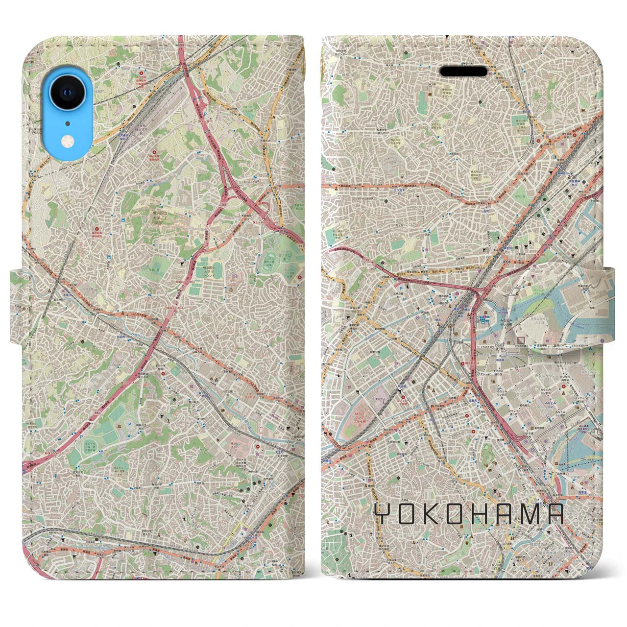 【横浜2】地図柄iPhoneケース（手帳両面タイプ・ナチュラル）iPhone XR 用