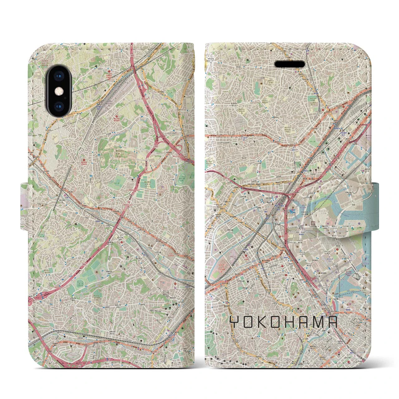 【横浜2】地図柄iPhoneケース（手帳両面タイプ・ナチュラル）iPhone XS / X 用
