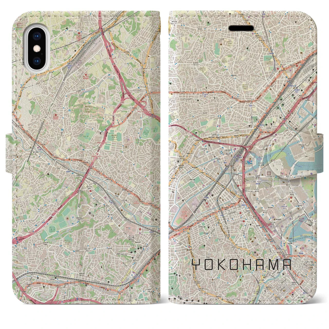 【横浜2】地図柄iPhoneケース（手帳両面タイプ・ナチュラル）iPhone XS Max 用