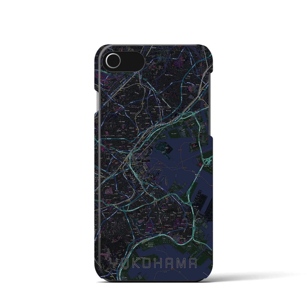 【横浜】地図柄iPhoneケース（バックカバータイプ・ブラック）iPhone SE（第3 / 第2世代） / 8 / 7 / 6s / 6 用