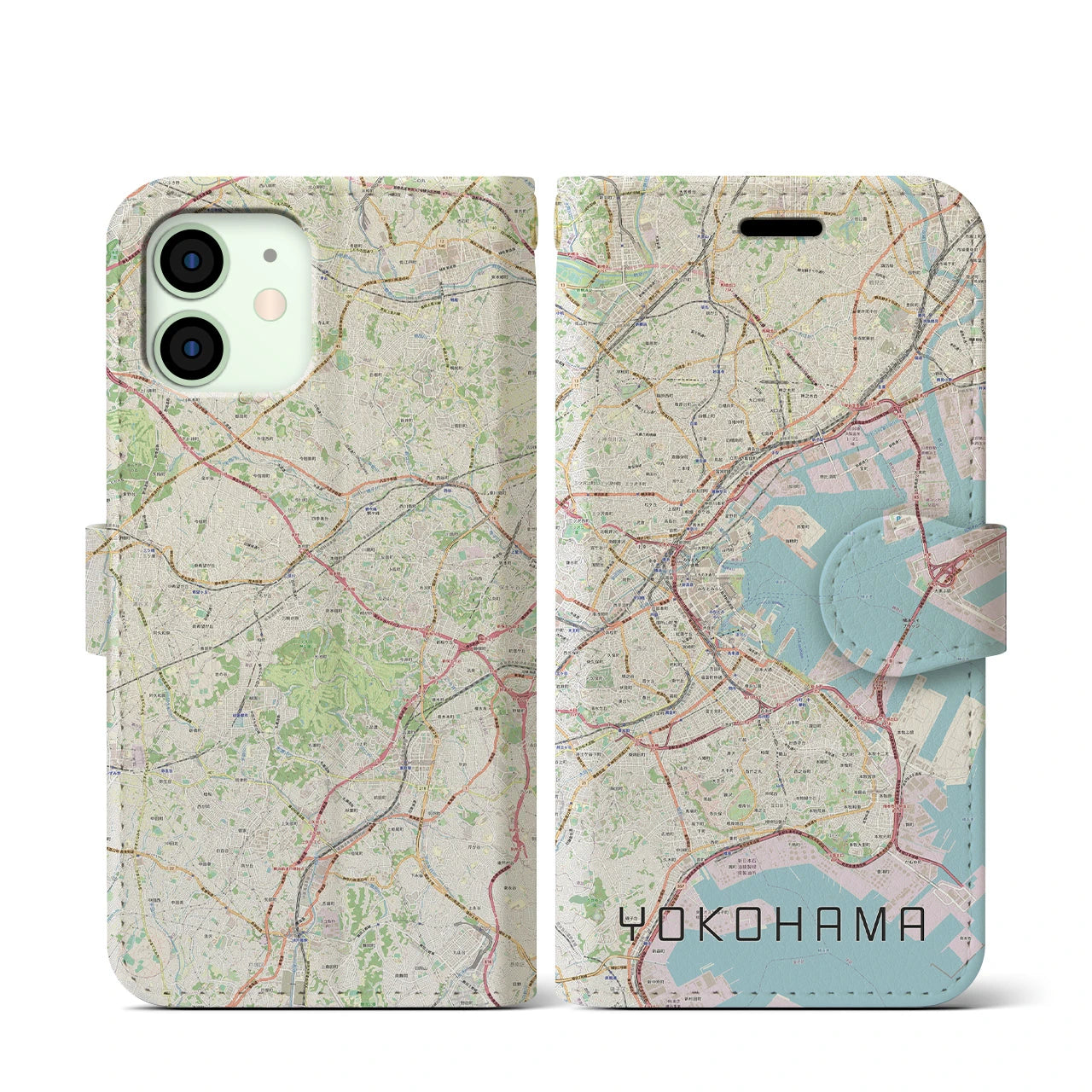 【横浜】地図柄iPhoneケース（手帳両面タイプ・ナチュラル）iPhone 12 mini 用