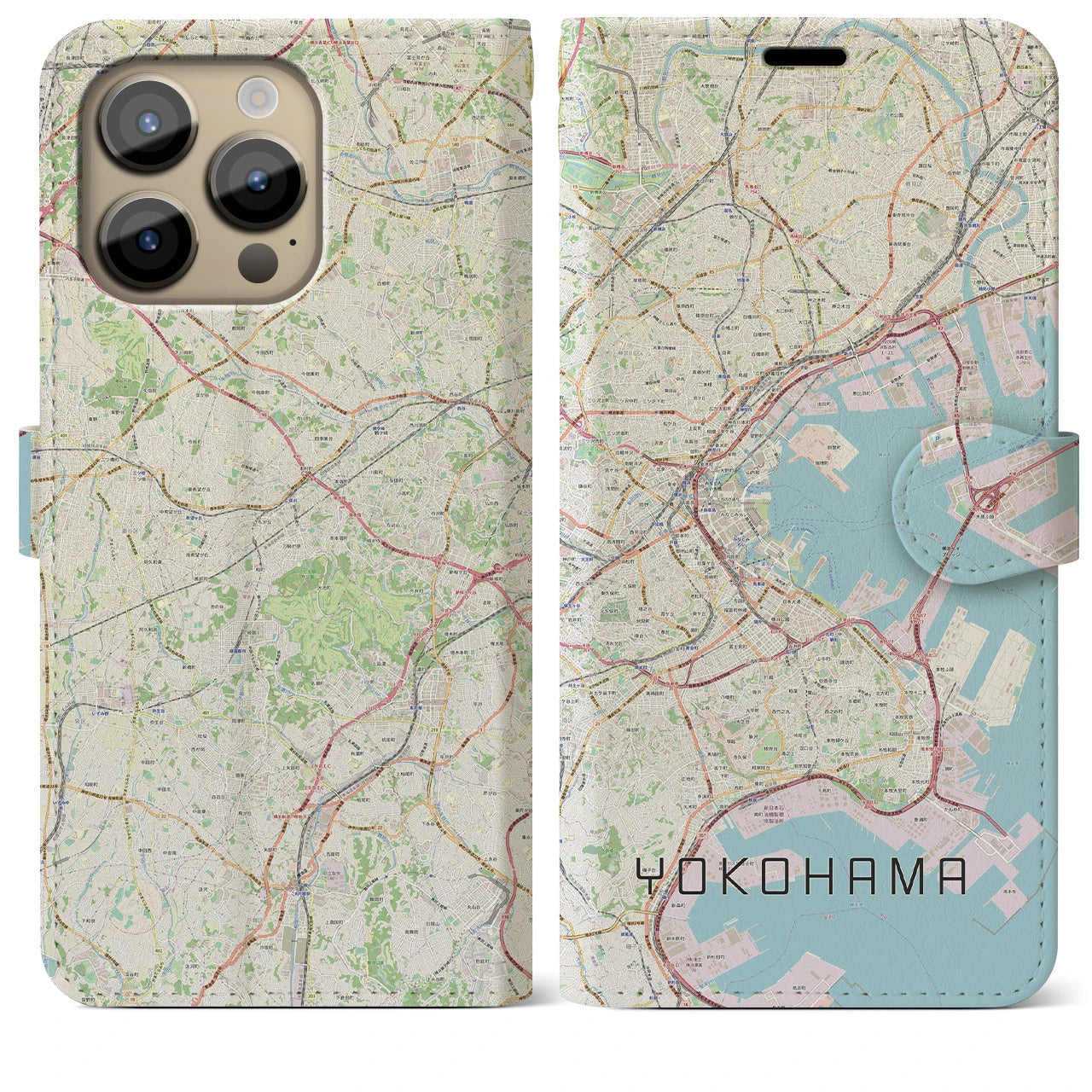 【横浜】地図柄iPhoneケース（手帳両面タイプ・ナチュラル）iPhone 14 Pro Max 用