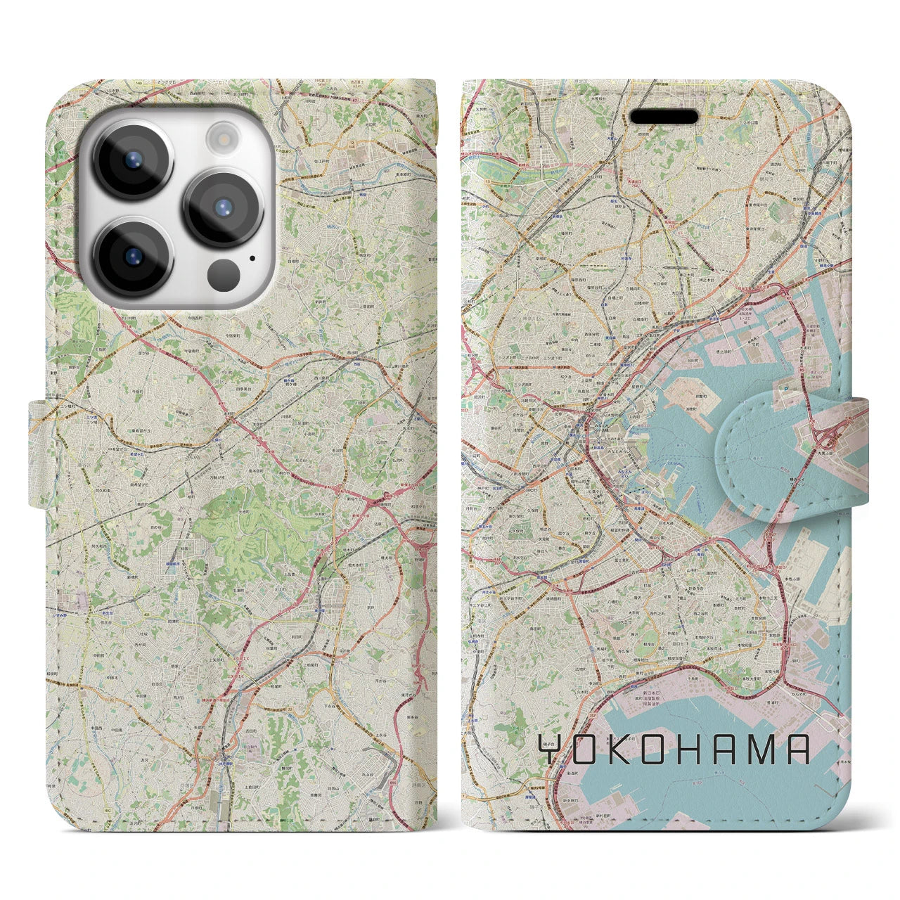 【横浜】地図柄iPhoneケース（手帳両面タイプ・ナチュラル）iPhone 14 Pro 用