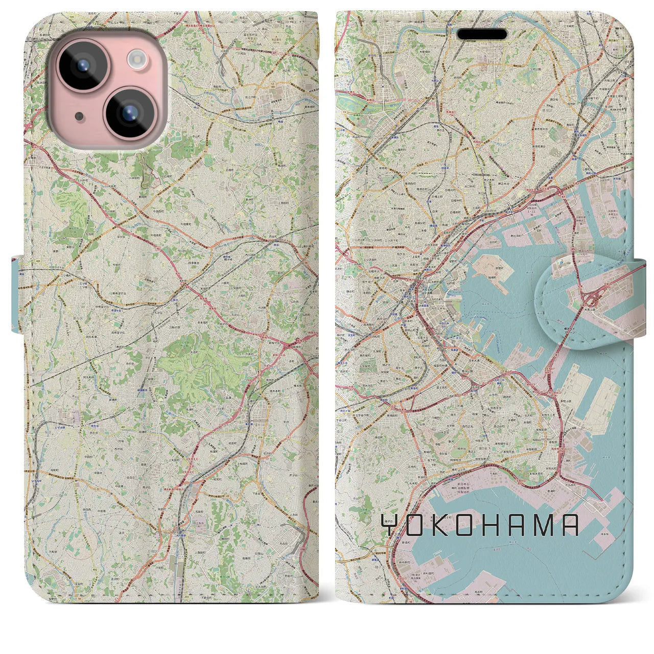 【横浜】地図柄iPhoneケース（手帳両面タイプ・ナチュラル）iPhone 15 Plus 用
