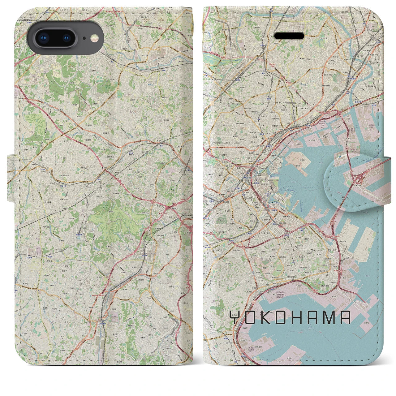 【横浜】地図柄iPhoneケース（手帳両面タイプ・ナチュラル）iPhone 8Plus /7Plus / 6sPlus / 6Plus 用