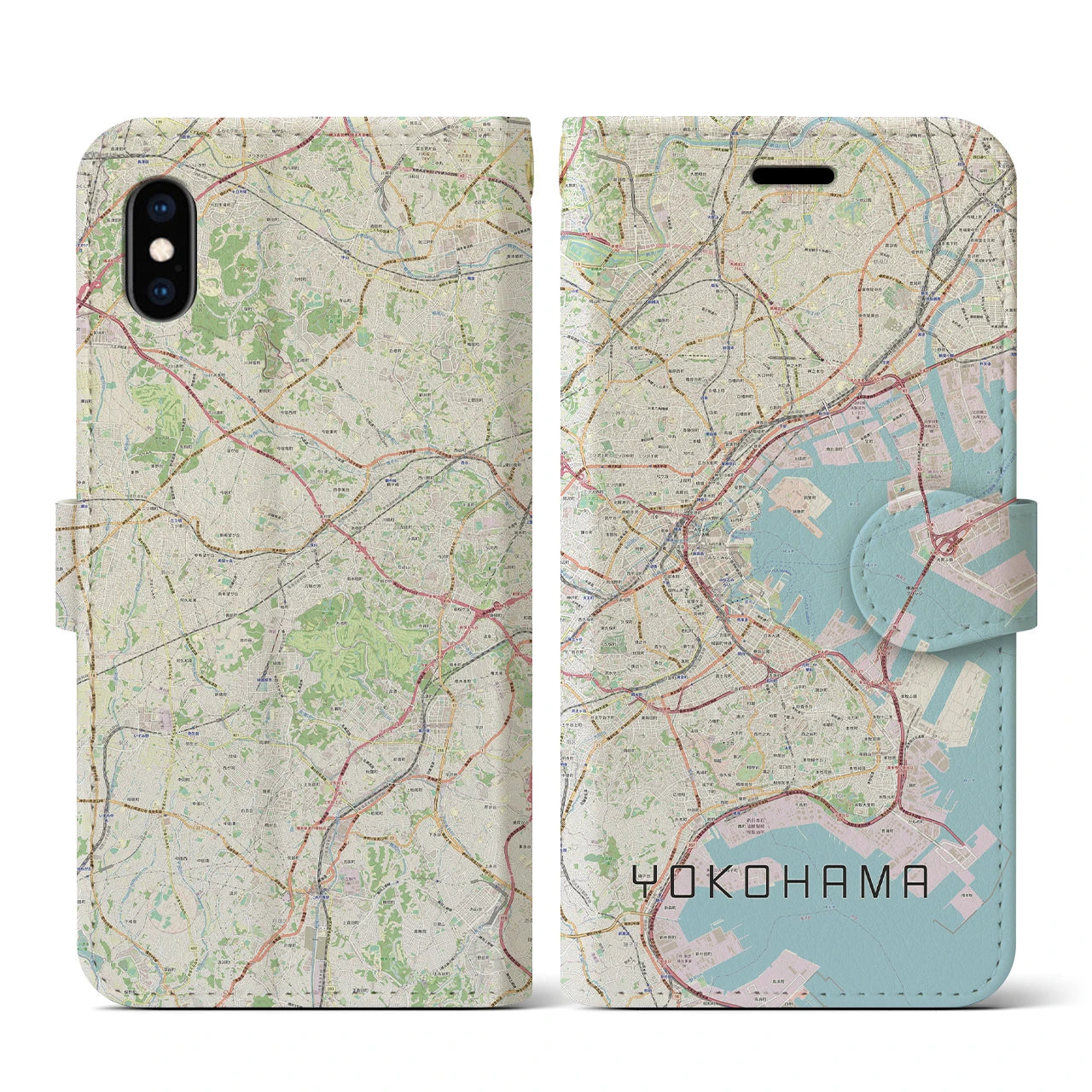 【横浜】地図柄iPhoneケース（手帳両面タイプ・ナチュラル）iPhone XS / X 用