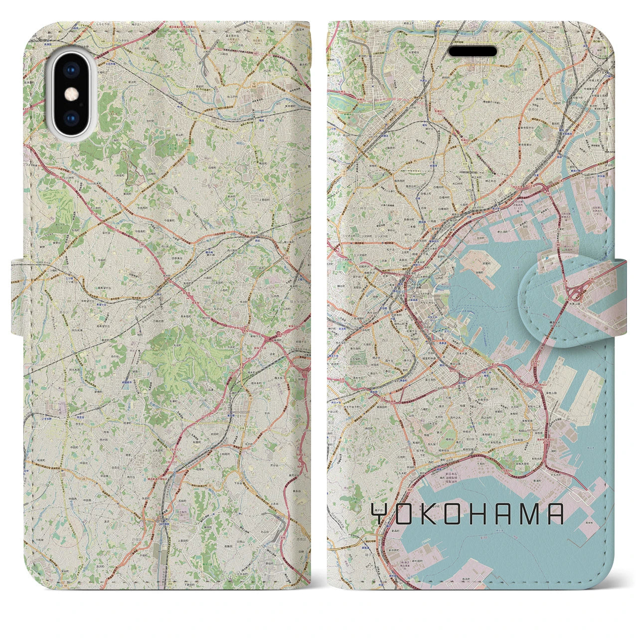 【横浜】地図柄iPhoneケース（手帳両面タイプ・ナチュラル）iPhone XS Max 用