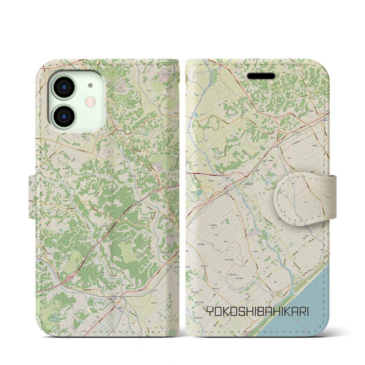 【横芝光】地図柄iPhoneケース（手帳両面タイプ・ナチュラル）iPhone 12 mini 用