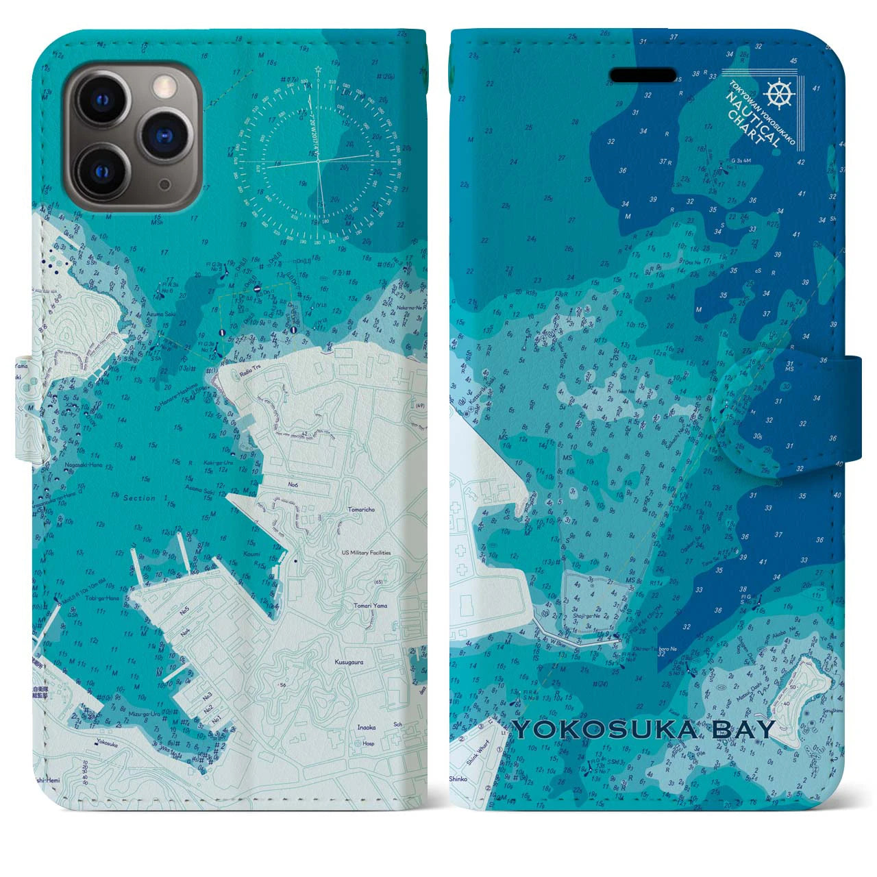 【横須賀港】地図柄iPhoneケース（手帳両面タイプ・ブルー）iPhone 11 Pro Max 用