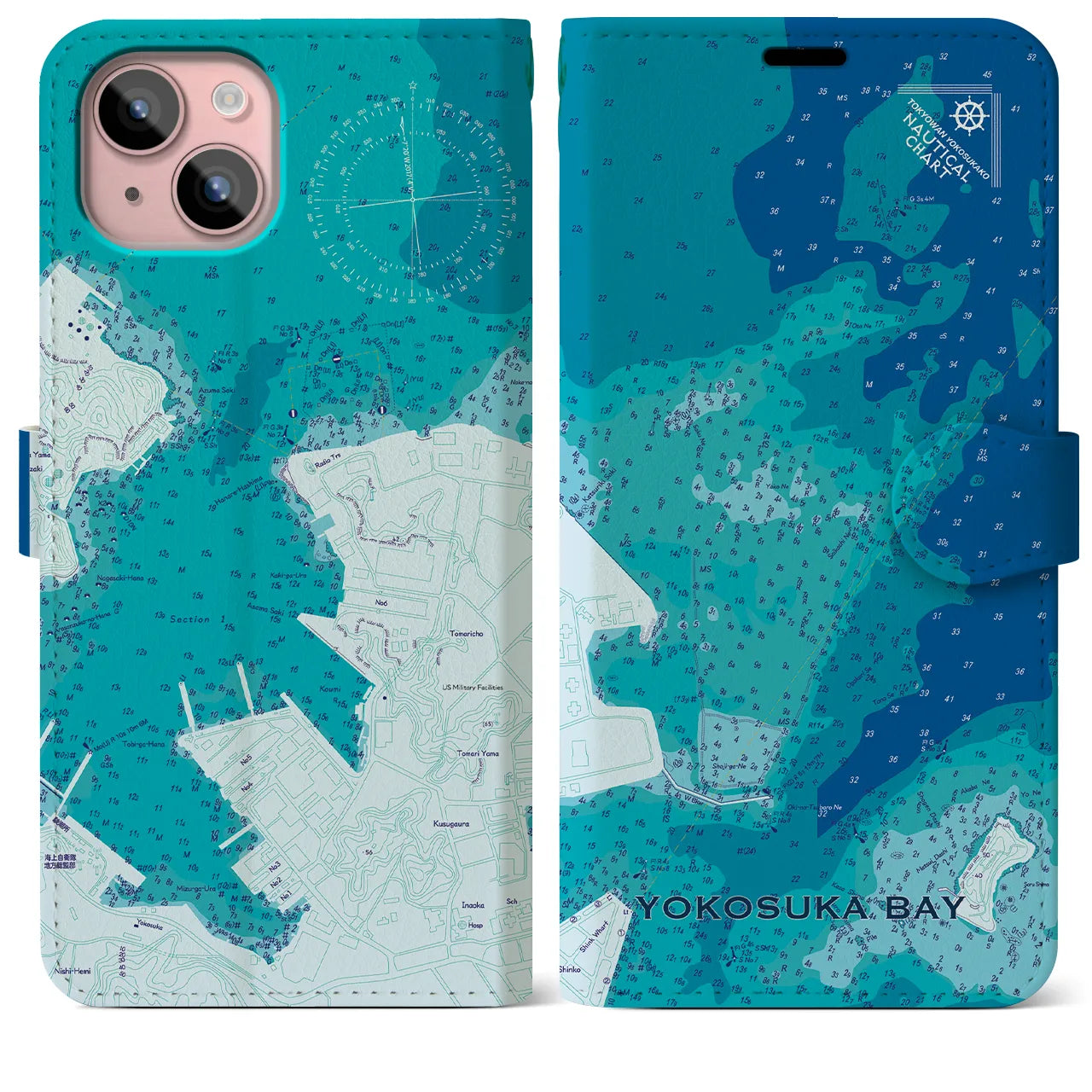 【横須賀港】地図柄iPhoneケース（手帳両面タイプ・ブルー）iPhone 15 Plus 用