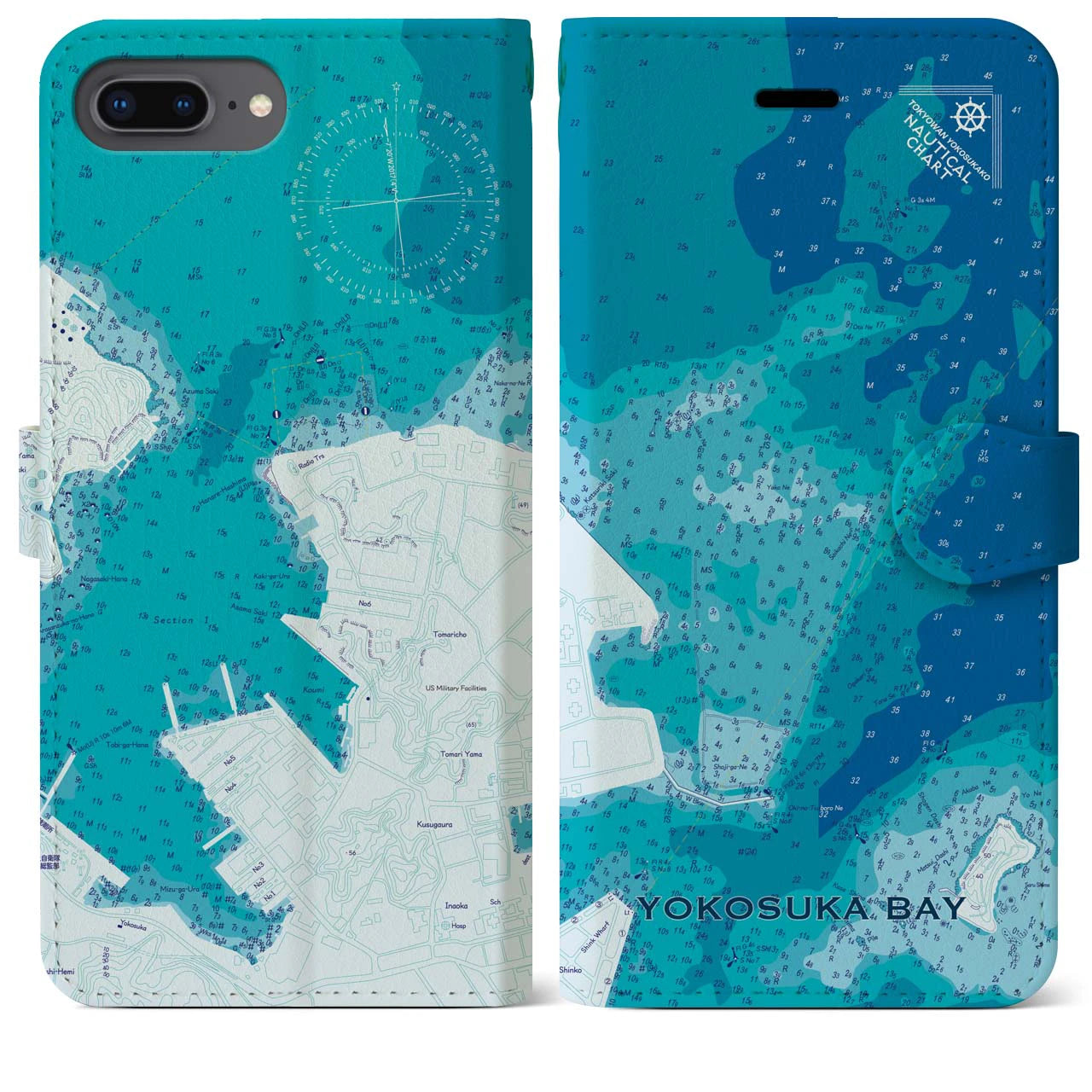 【横須賀港】地図柄iPhoneケース（手帳両面タイプ・ブルー）iPhone 8Plus /7Plus / 6sPlus / 6Plus 用