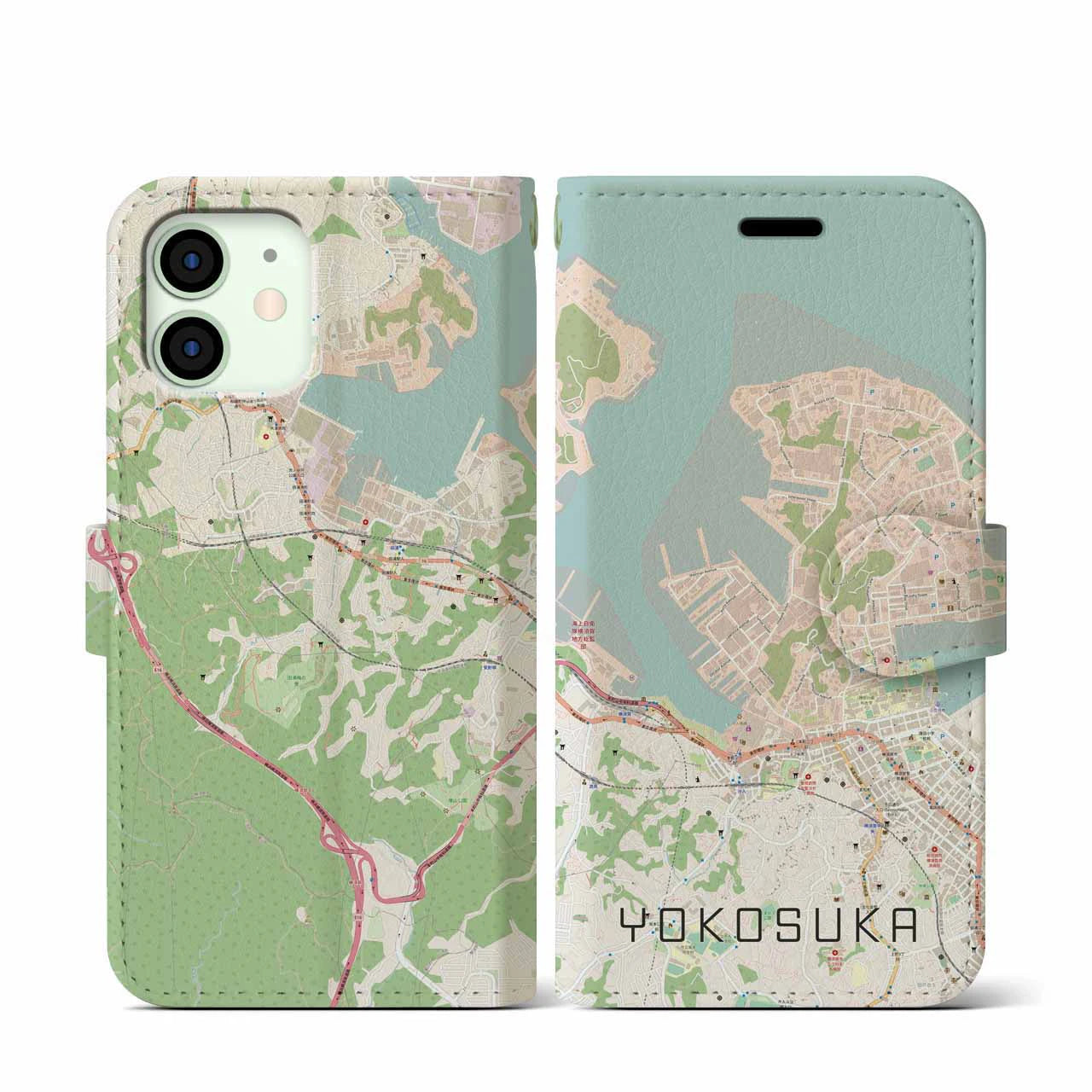 【横須賀】地図柄iPhoneケース（手帳両面タイプ・ナチュラル）iPhone 12 mini 用