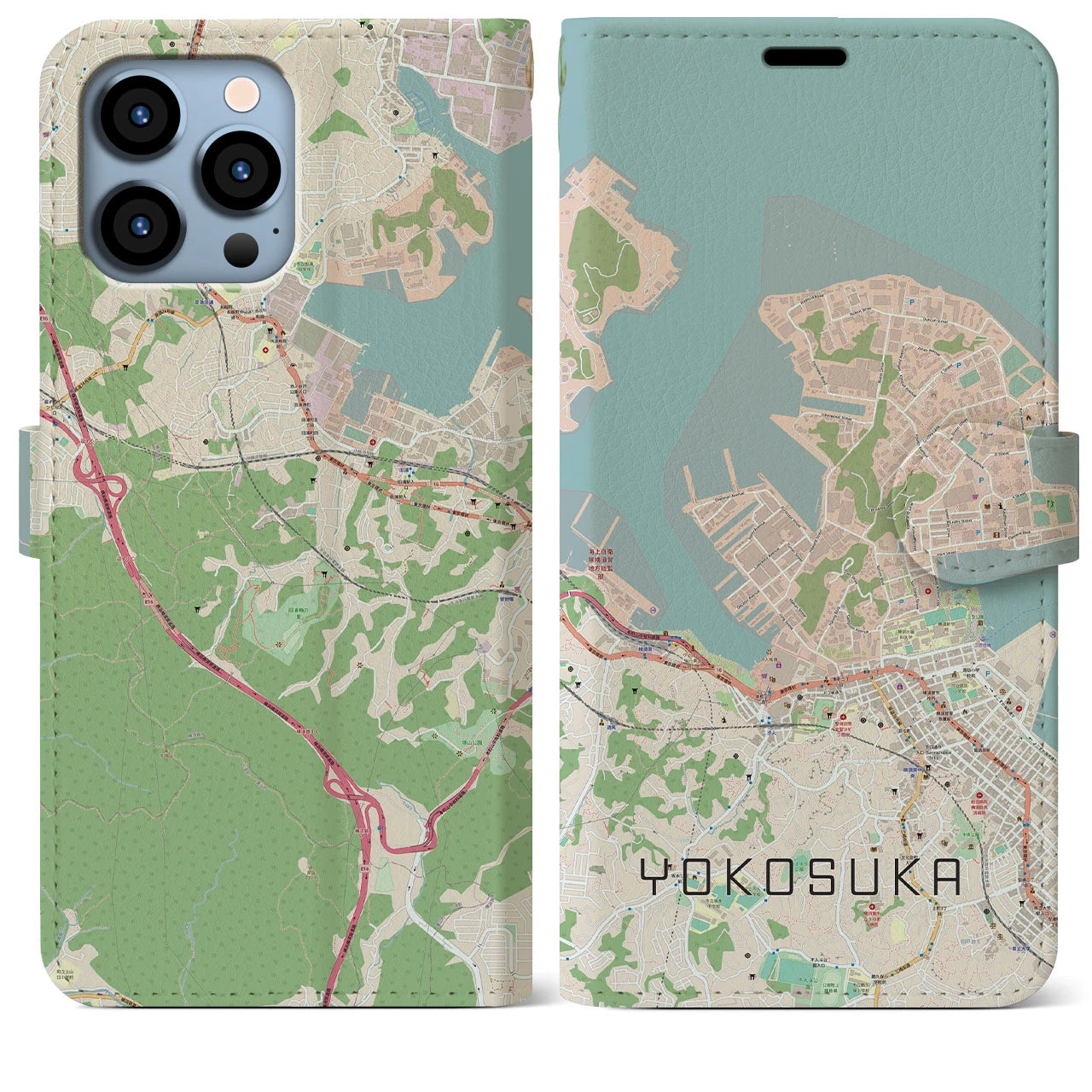 【横須賀】地図柄iPhoneケース（手帳両面タイプ・ナチュラル）iPhone 13 Pro Max 用