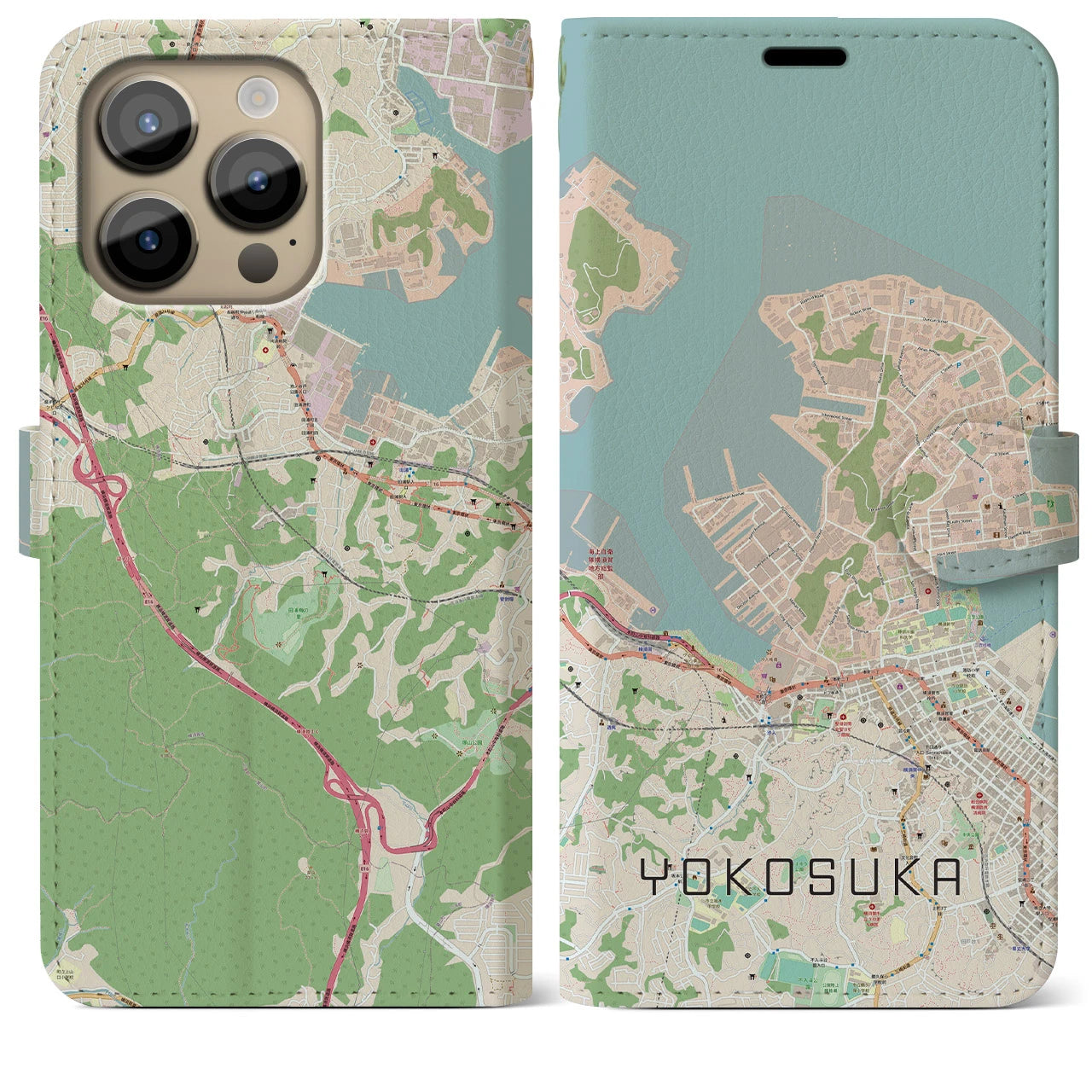 【横須賀】地図柄iPhoneケース（手帳両面タイプ・ナチュラル）iPhone 14 Pro Max 用
