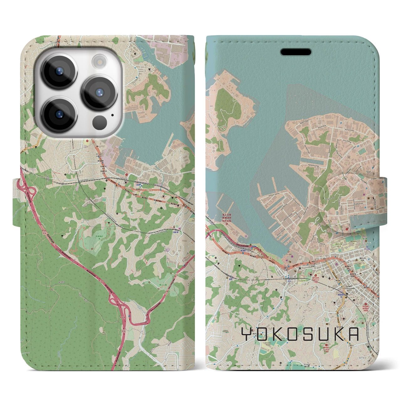 【横須賀】地図柄iPhoneケース（手帳両面タイプ・ナチュラル）iPhone 14 Pro 用