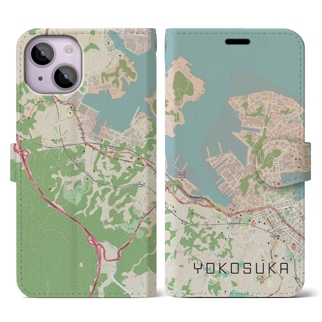 【横須賀】地図柄iPhoneケース（手帳両面タイプ・ナチュラル）iPhone 14 用