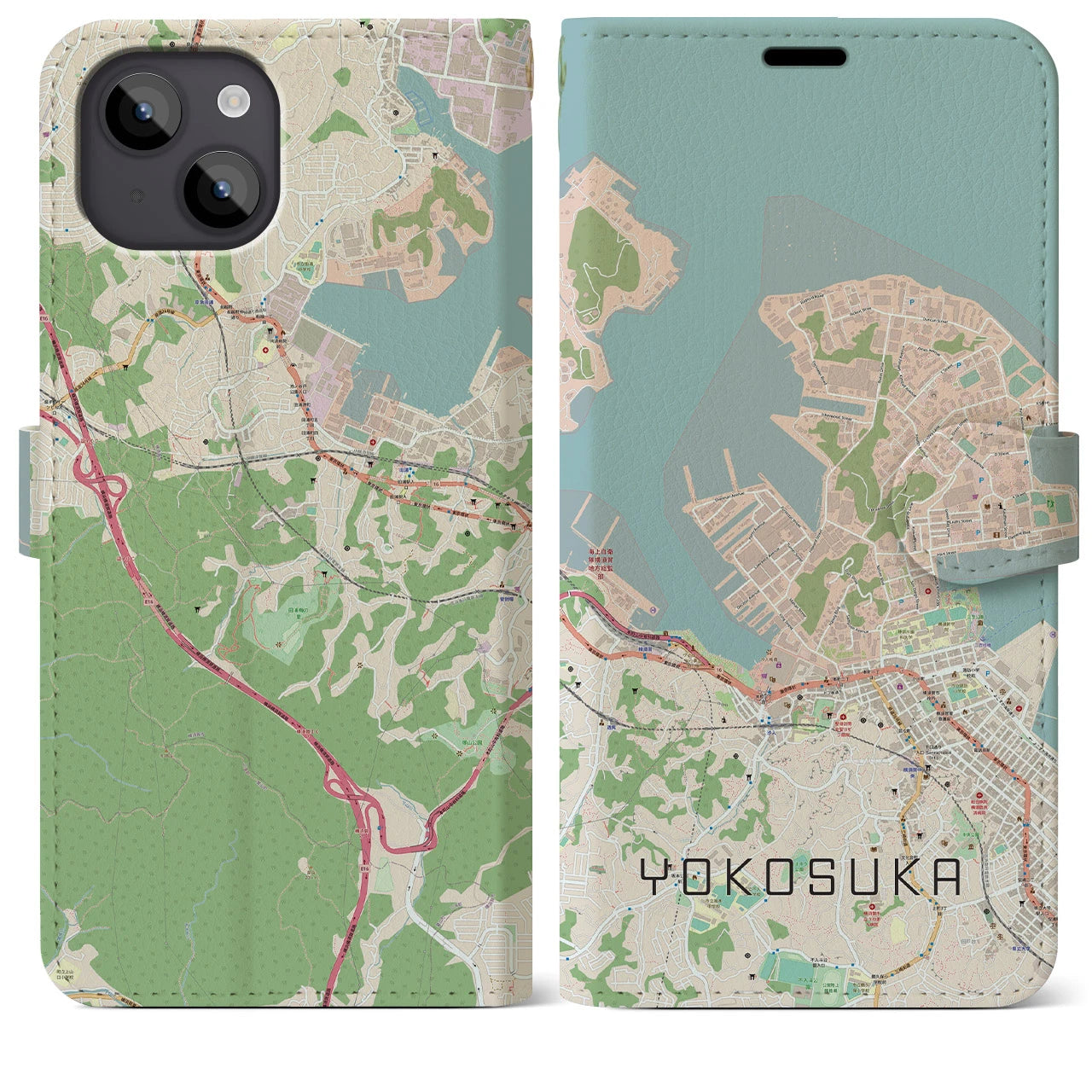 【横須賀】地図柄iPhoneケース（手帳両面タイプ・ナチュラル）iPhone 14 Plus 用