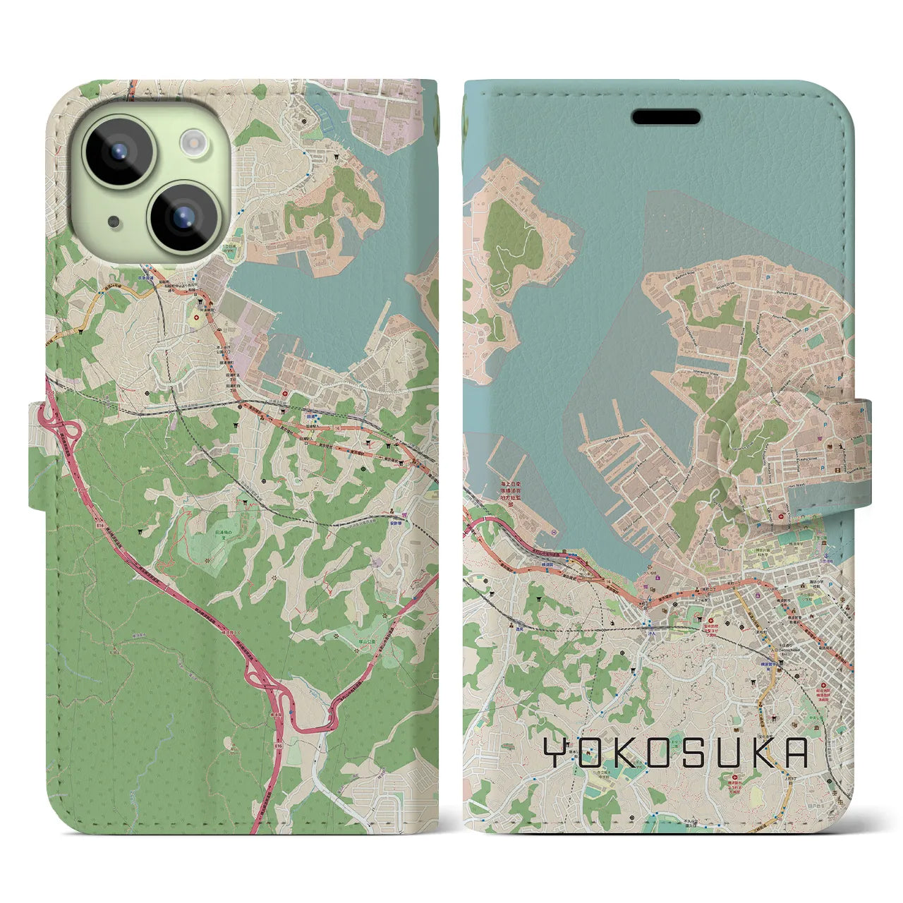 【横須賀】地図柄iPhoneケース（手帳両面タイプ・ナチュラル）iPhone 15 用