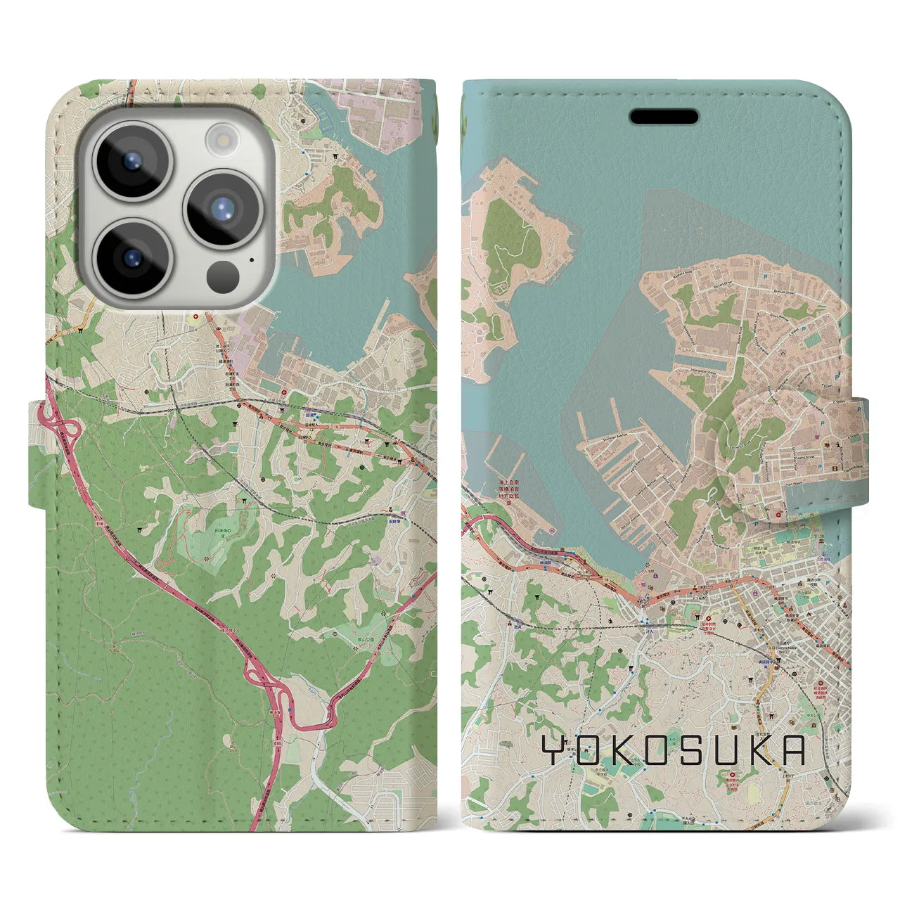 【横須賀】地図柄iPhoneケース（手帳両面タイプ・ナチュラル）iPhone 15 Pro 用