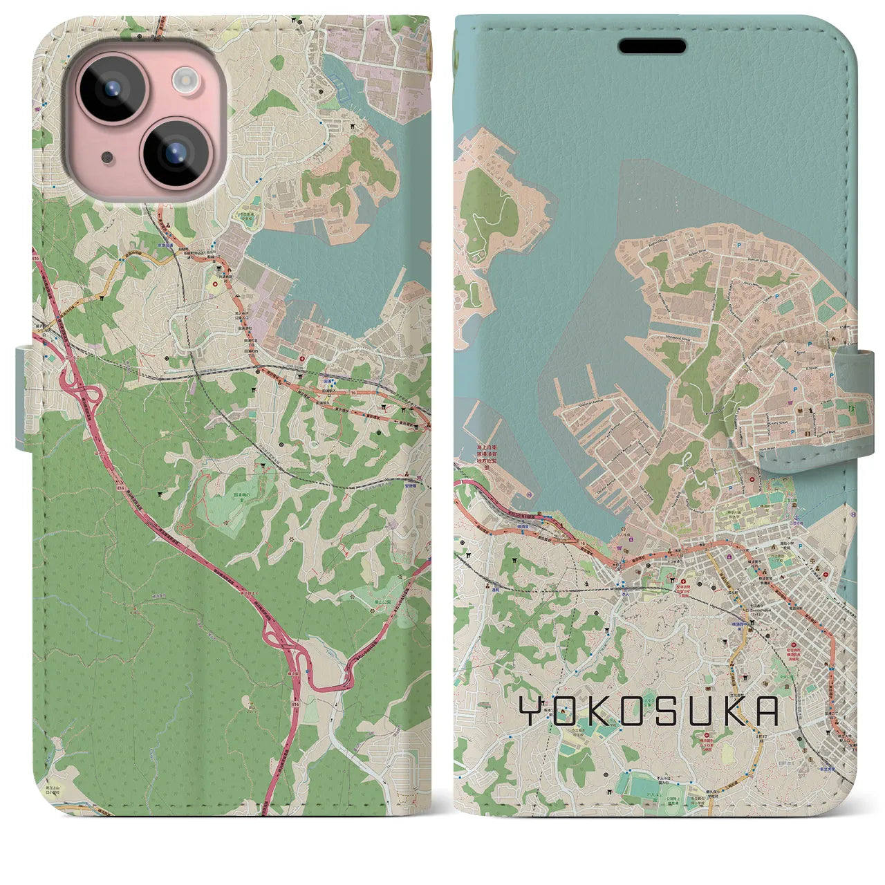 【横須賀】地図柄iPhoneケース（手帳両面タイプ・ナチュラル）iPhone 15 Plus 用