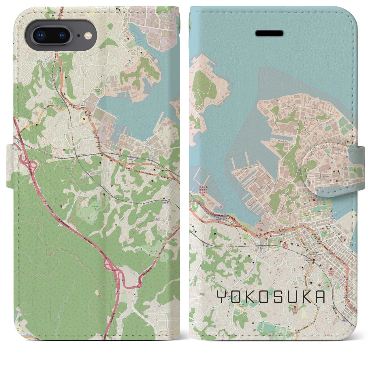 【横須賀】地図柄iPhoneケース（手帳両面タイプ・ナチュラル）iPhone 8Plus /7Plus / 6sPlus / 6Plus 用