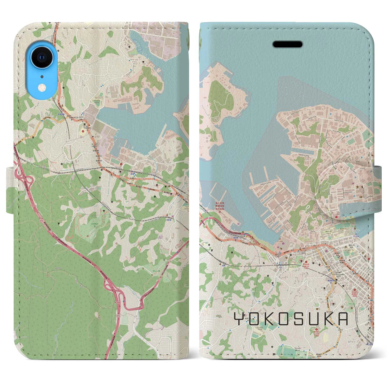 【横須賀】地図柄iPhoneケース（手帳両面タイプ・ナチュラル）iPhone XR 用