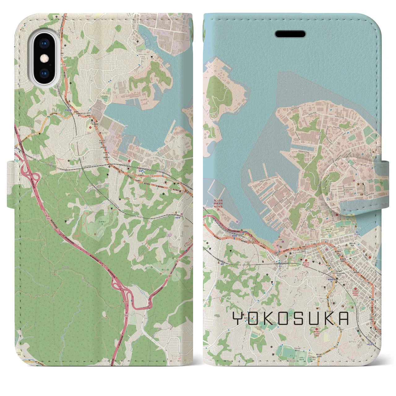 【横須賀】地図柄iPhoneケース（手帳両面タイプ・ナチュラル）iPhone XS Max 用