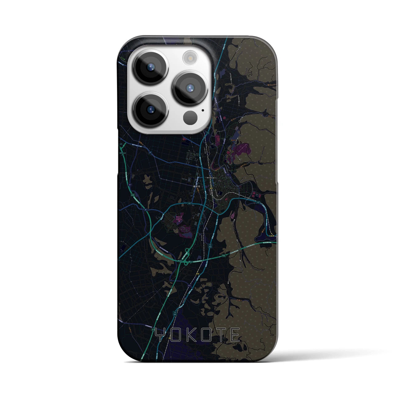【横手】地図柄iPhoneケース（バックカバータイプ・ブラック）iPhone 14 Pro 用