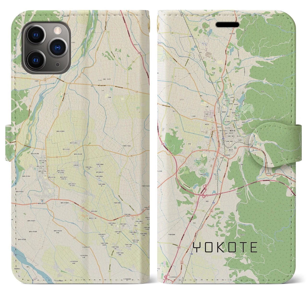 【横手】地図柄iPhoneケース（手帳両面タイプ・ナチュラル）iPhone 11 Pro Max 用