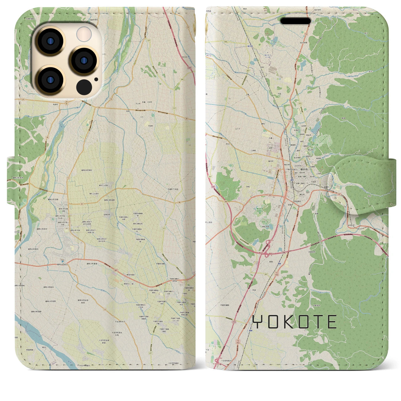 【横手】地図柄iPhoneケース（手帳両面タイプ・ナチュラル）iPhone 12 Pro Max 用