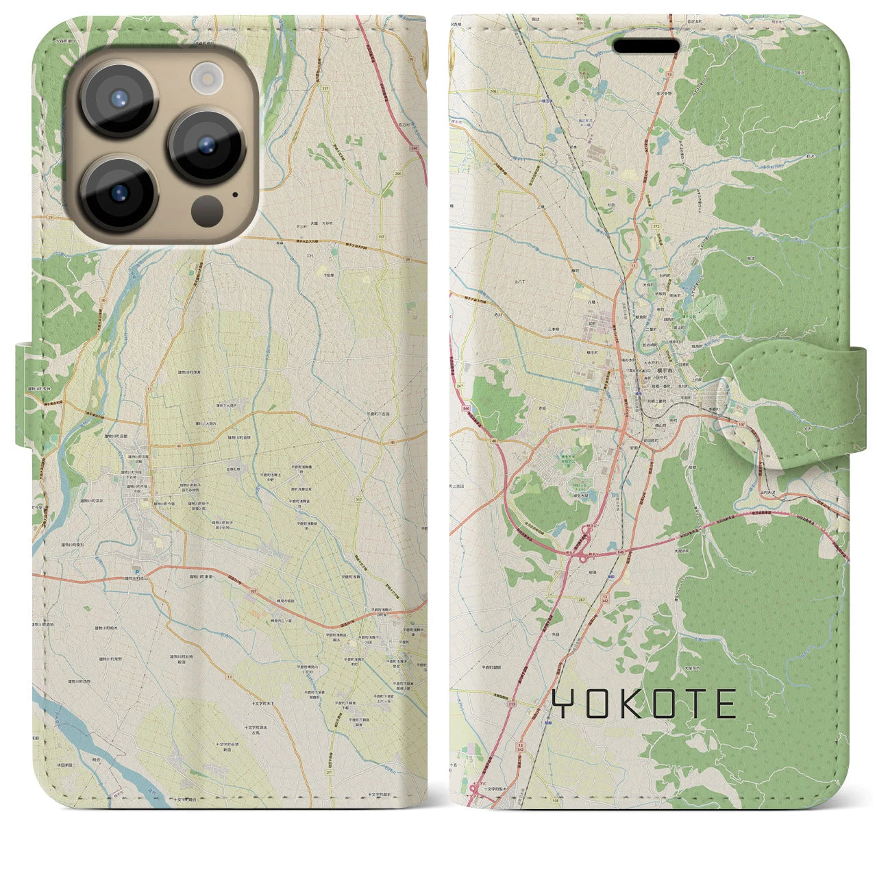 【横手】地図柄iPhoneケース（手帳両面タイプ・ナチュラル）iPhone 14 Pro Max 用