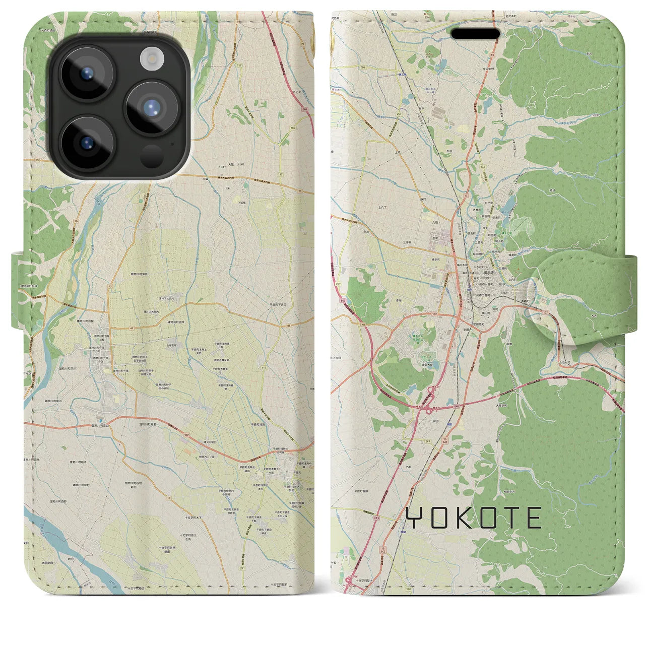 【横手】地図柄iPhoneケース（手帳両面タイプ・ナチュラル）iPhone 15 Pro Max 用